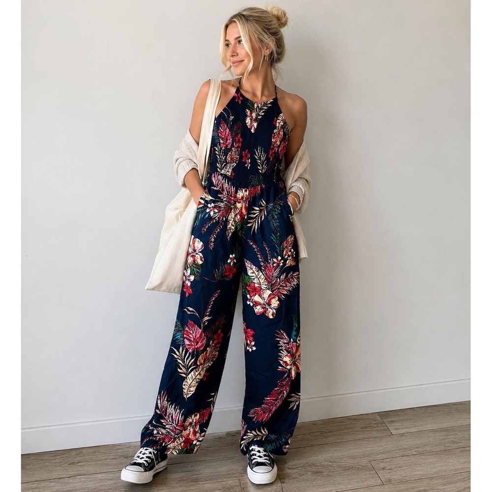 Patrons of Peace XS Tropical Floral‎ Smocked Wide Leg Jumpsuit Pockets New